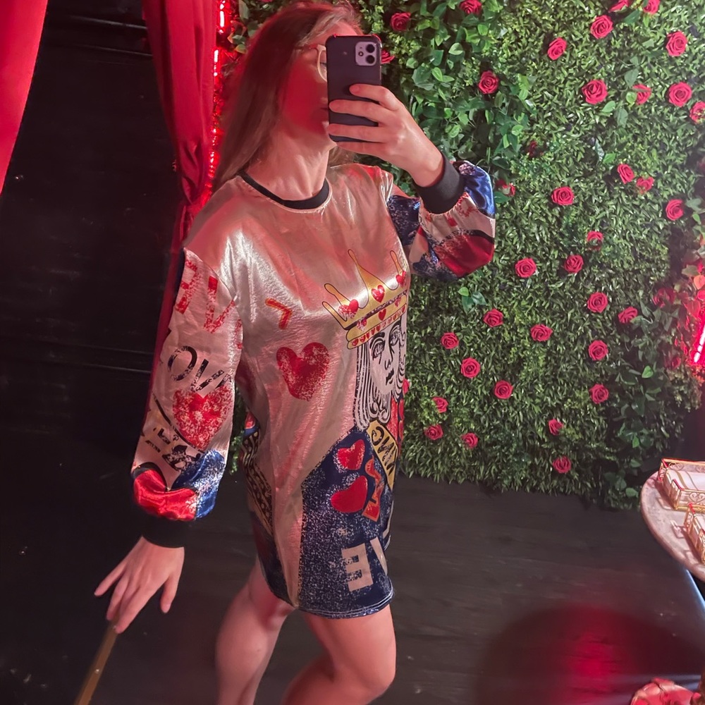 Anthropologie King Of Hearts Card Games Satin Shimmer Mini Dress Long Sleeves - Picture 4 of 14